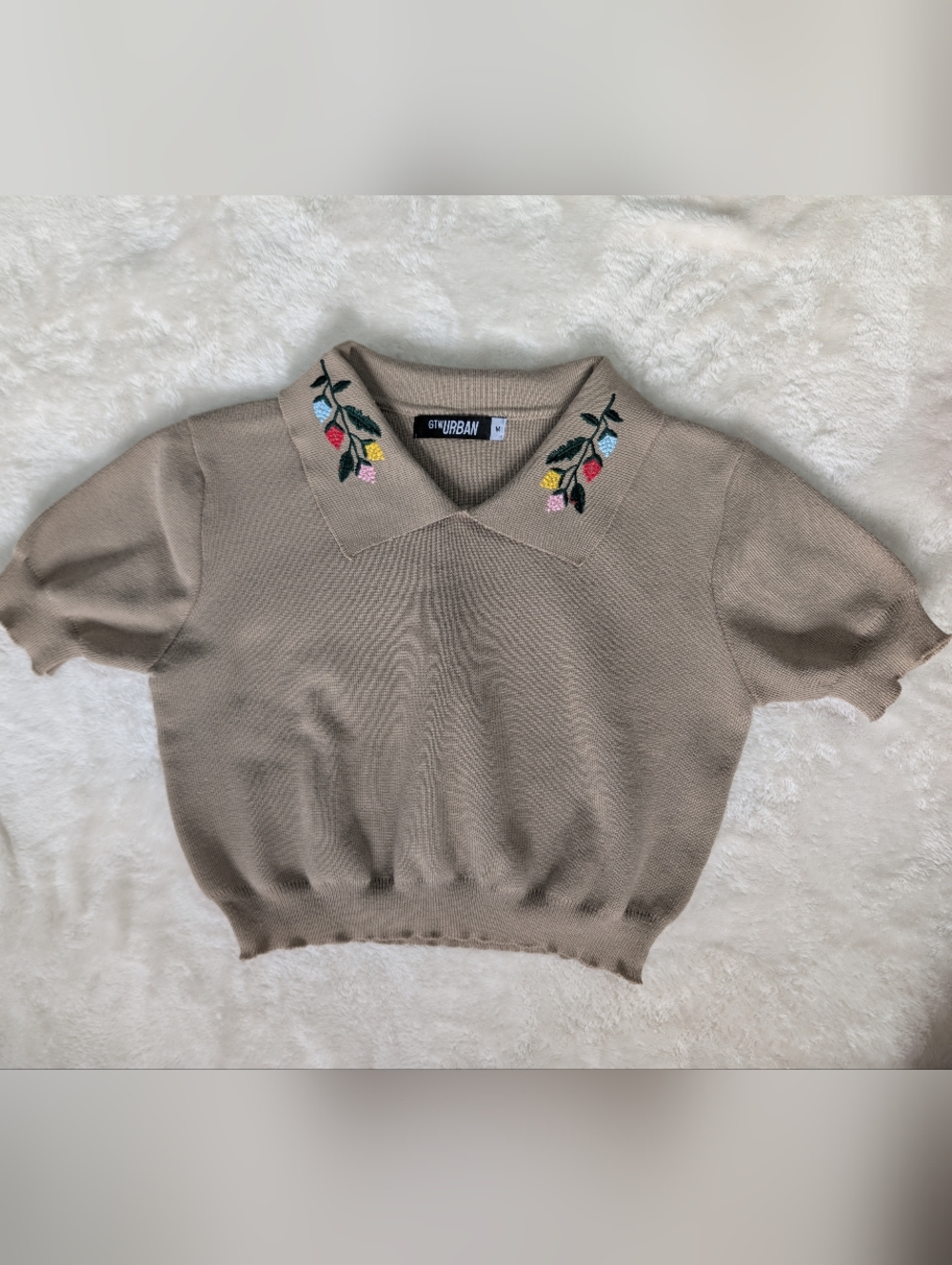 3/$30 Embroidered Collar Short-Sleeve Knit Top - Taupe